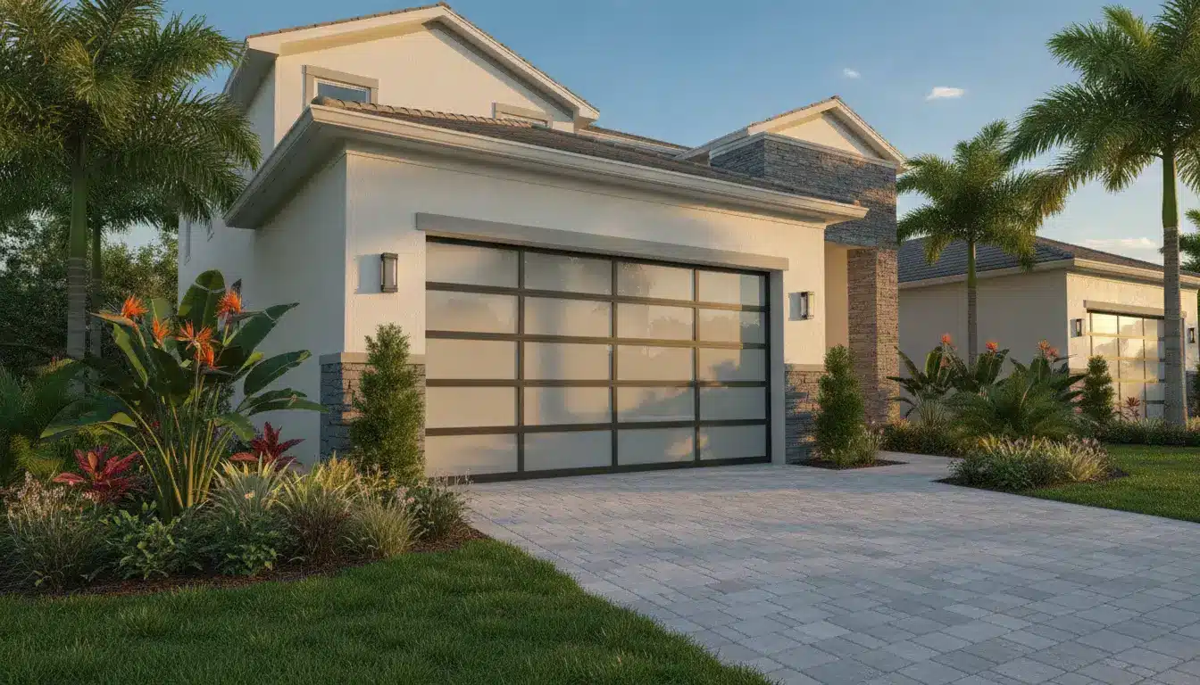 Modern house with stone accents and glass garage door, surrounded by tropical plants and palm trees