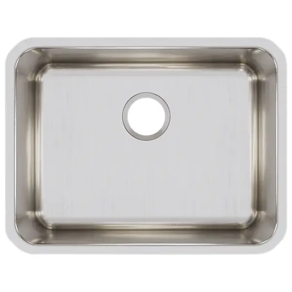 Stainless steel kitchen sink with central drain hole viewed from above