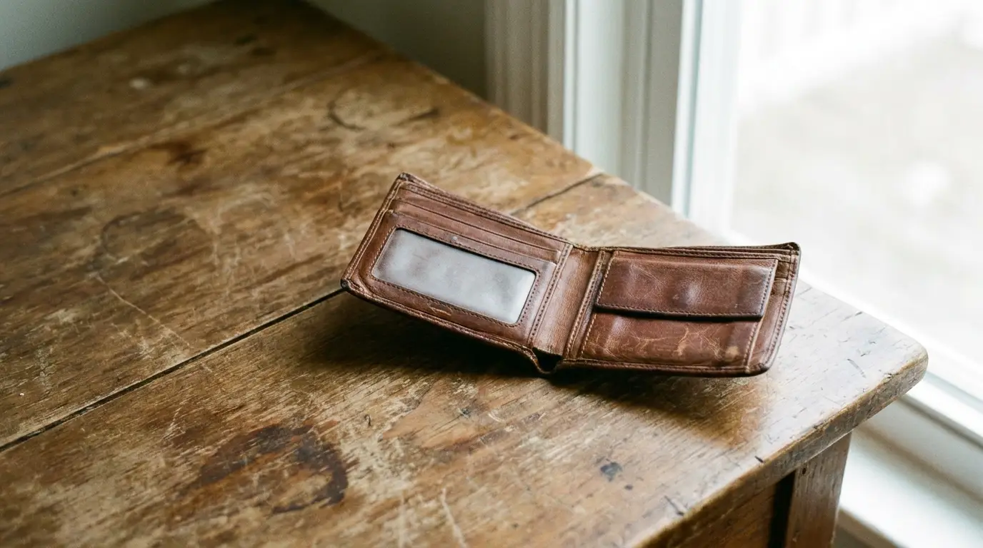 Worn brown leather wallet on rustic wooden table near window