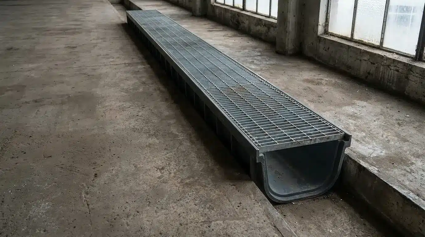 Metal drainage grate on concrete floor in an industrial space with large windows