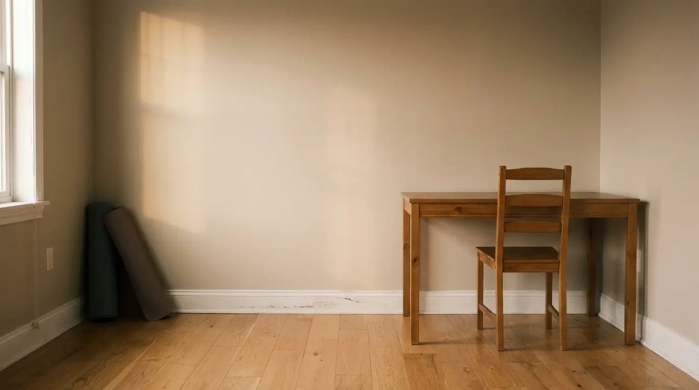 Simple wooden desk and chair in bright room with yoga mats in the corner