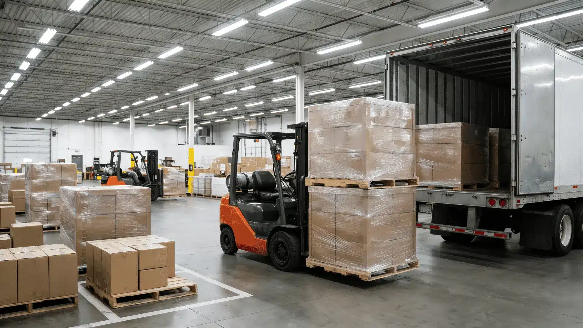 Forklifts loading palletized freight into an LTL truck trailer inside a warehouse.