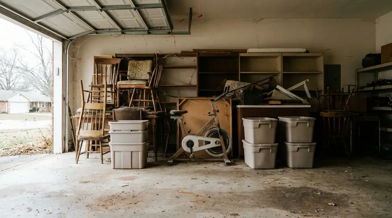 Cluttered garage with stacked chairs, storage bins, and a stationary bike under open door