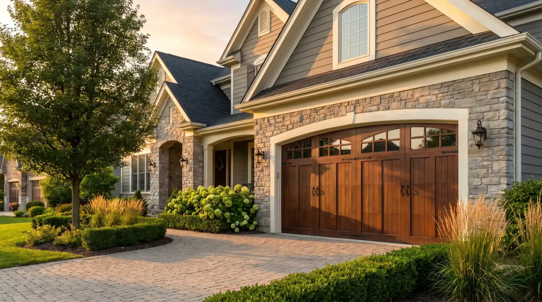Elegant suburban house with stone facade and wooden garage doors in warm evening light