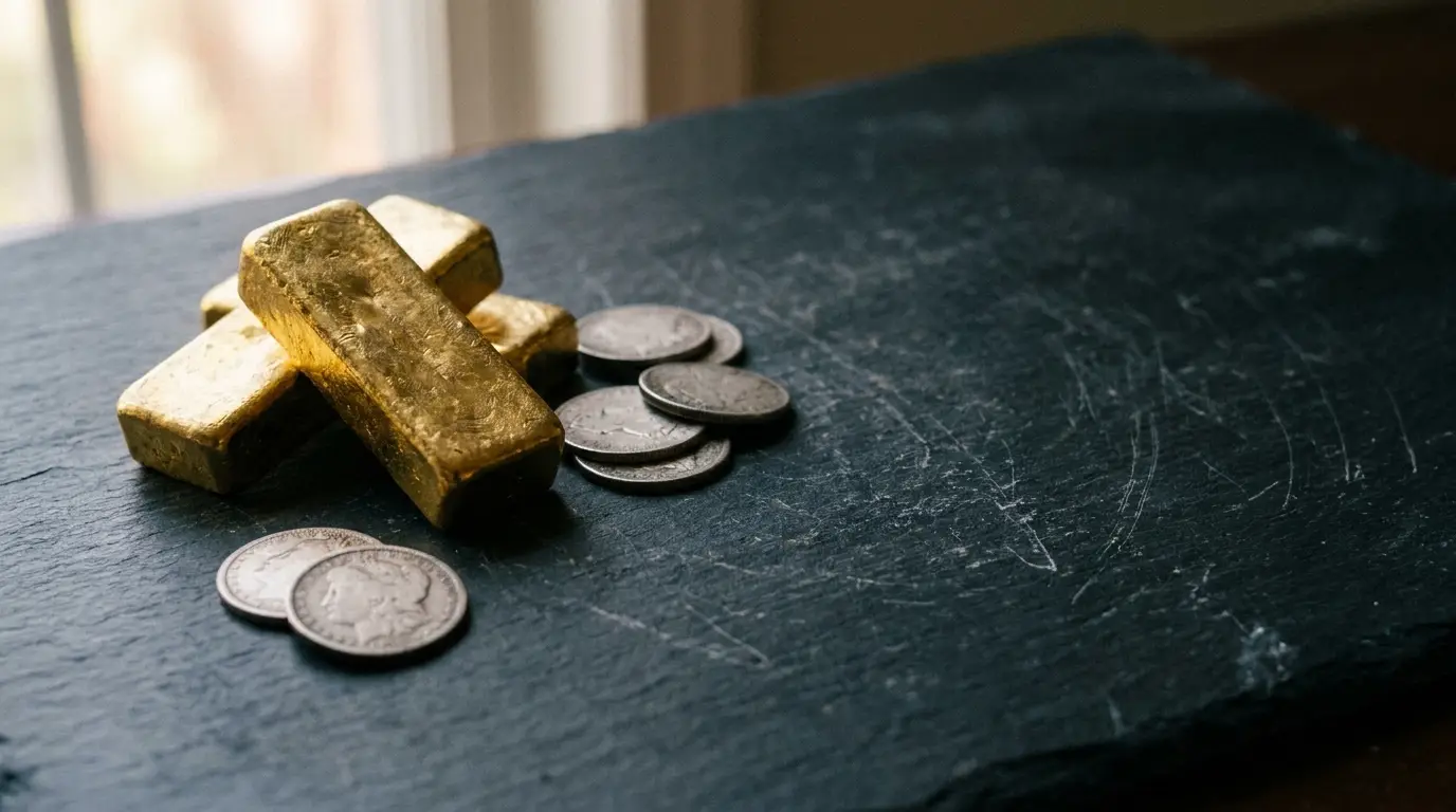 Gold bars and silver coins on dark slate surface in natural light