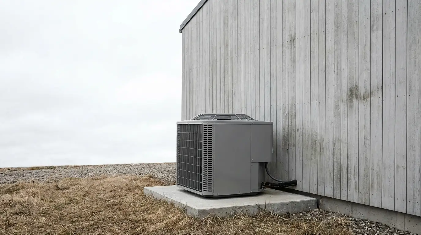 Outdoor air conditioning unit mounted on concrete slab beside wooden-clad building wall