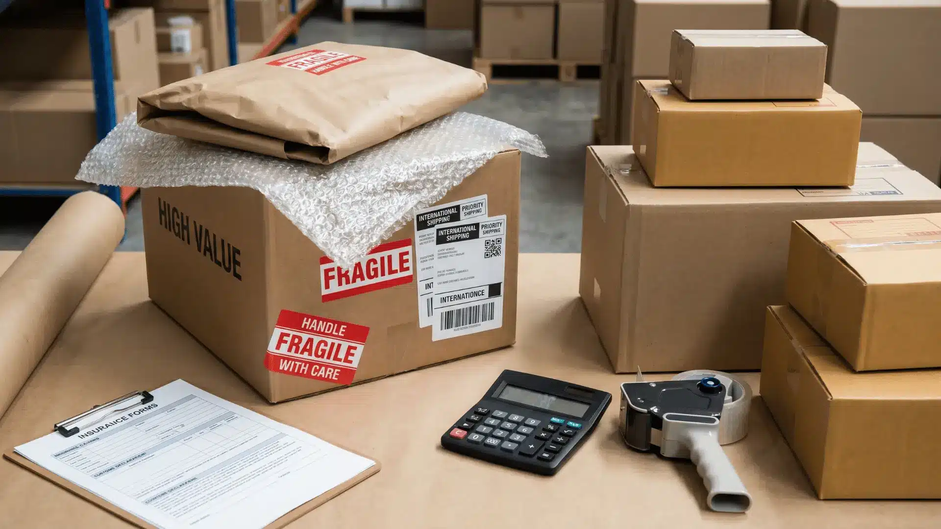 High-value and fragile packages prepared for insured shipping]