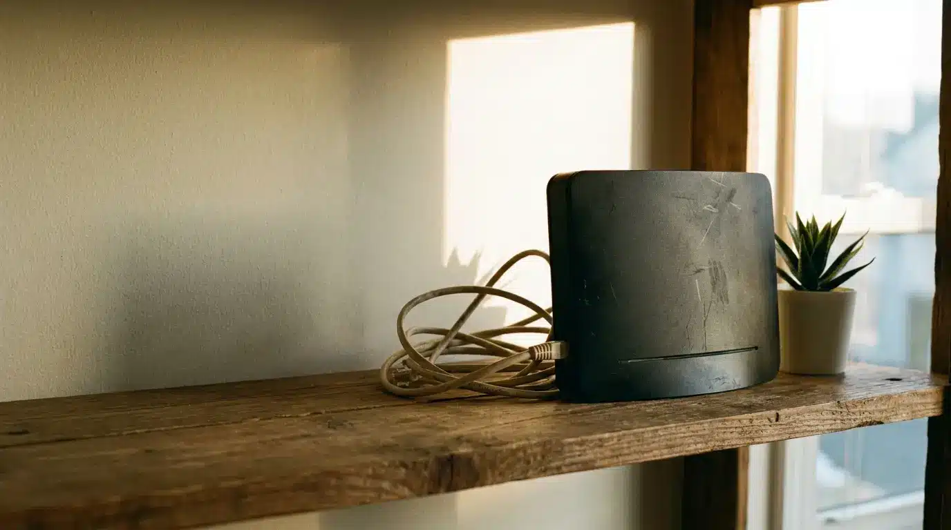 WiFi router with cable on rustic wooden shelf beside small potted plant in sunlight