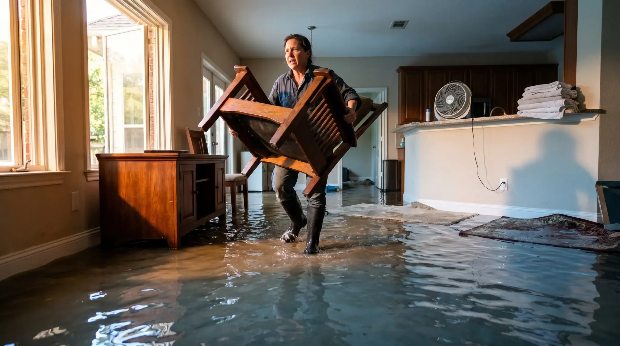 Man carrying wooden chair through flooded living room with sunlight streaming through windows
