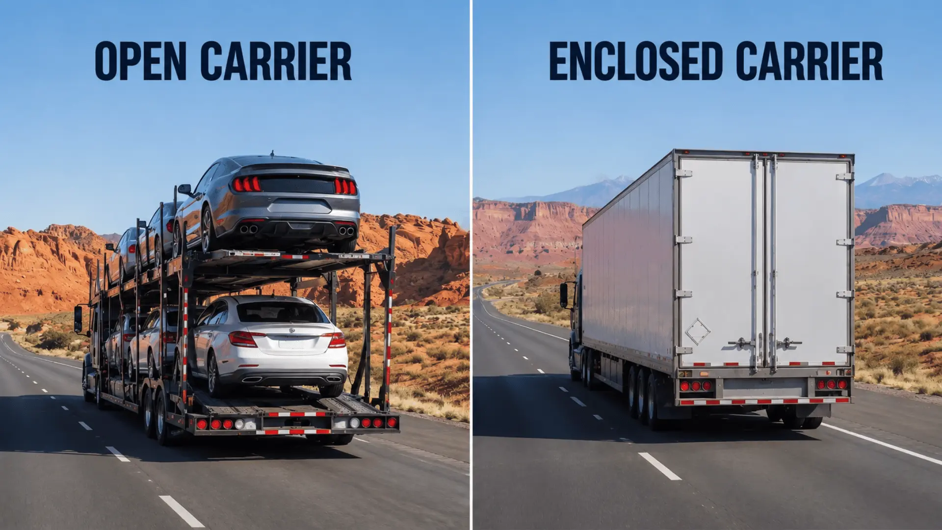 Open car carrier and enclosed transport trailer separated by a labeled center divider in a transport yard.