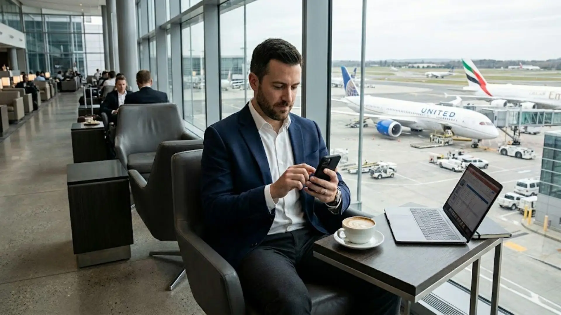 Man in airport lounge using smartphone with laptop and coffee on table nearby