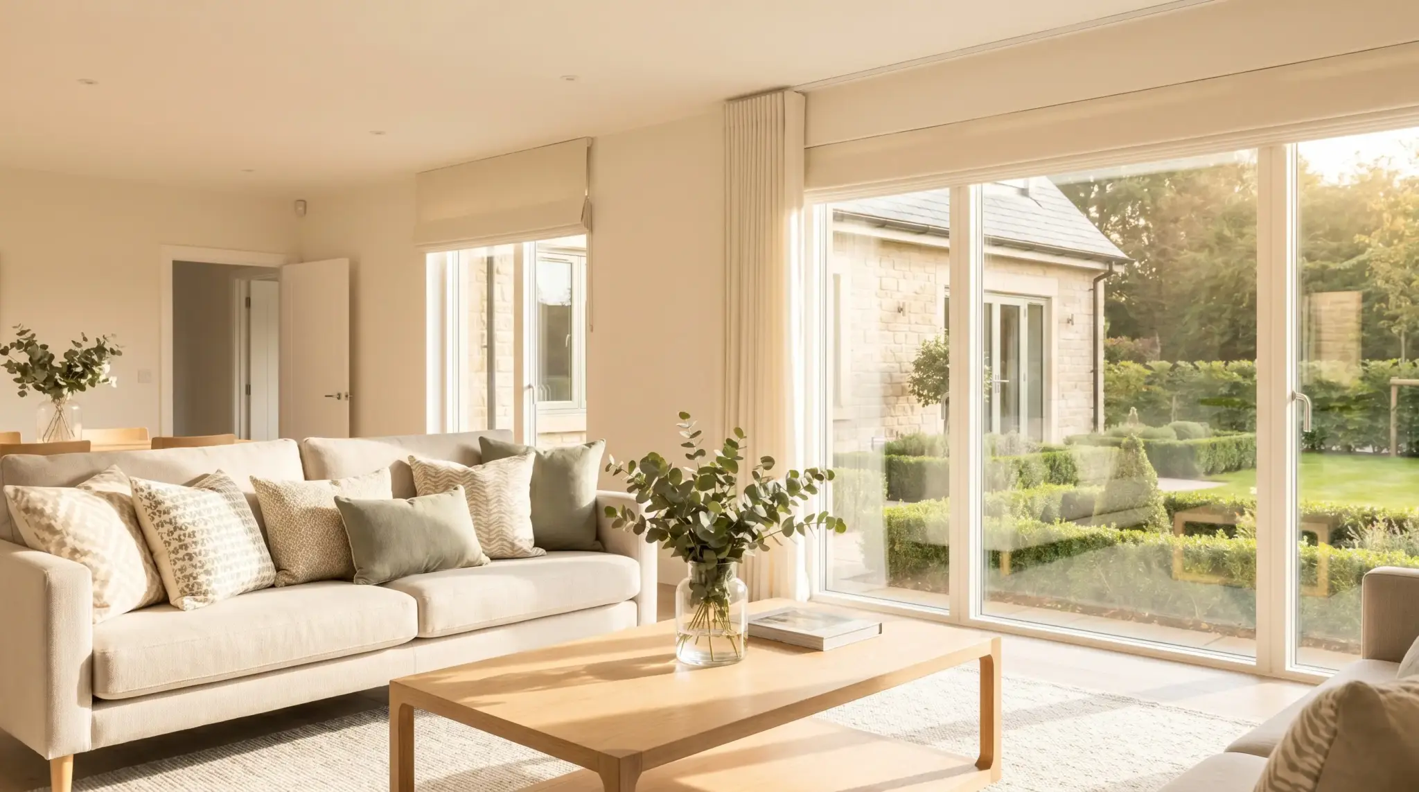 Neutral-toned living room with large windows, light sofas, and green plants in vases