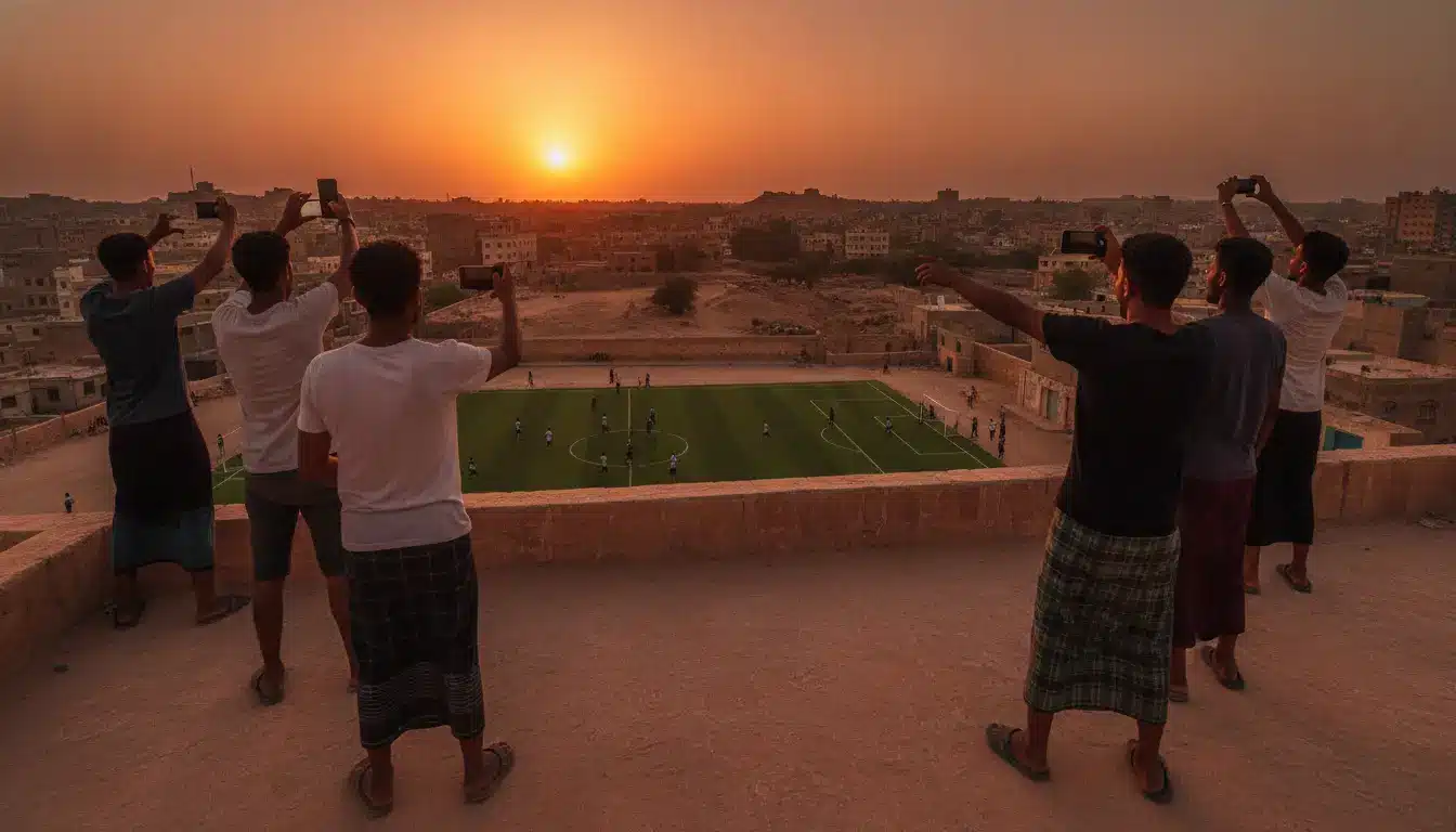 Group of people photographing sunset over soccer field from rooftop in warm, orange lighting