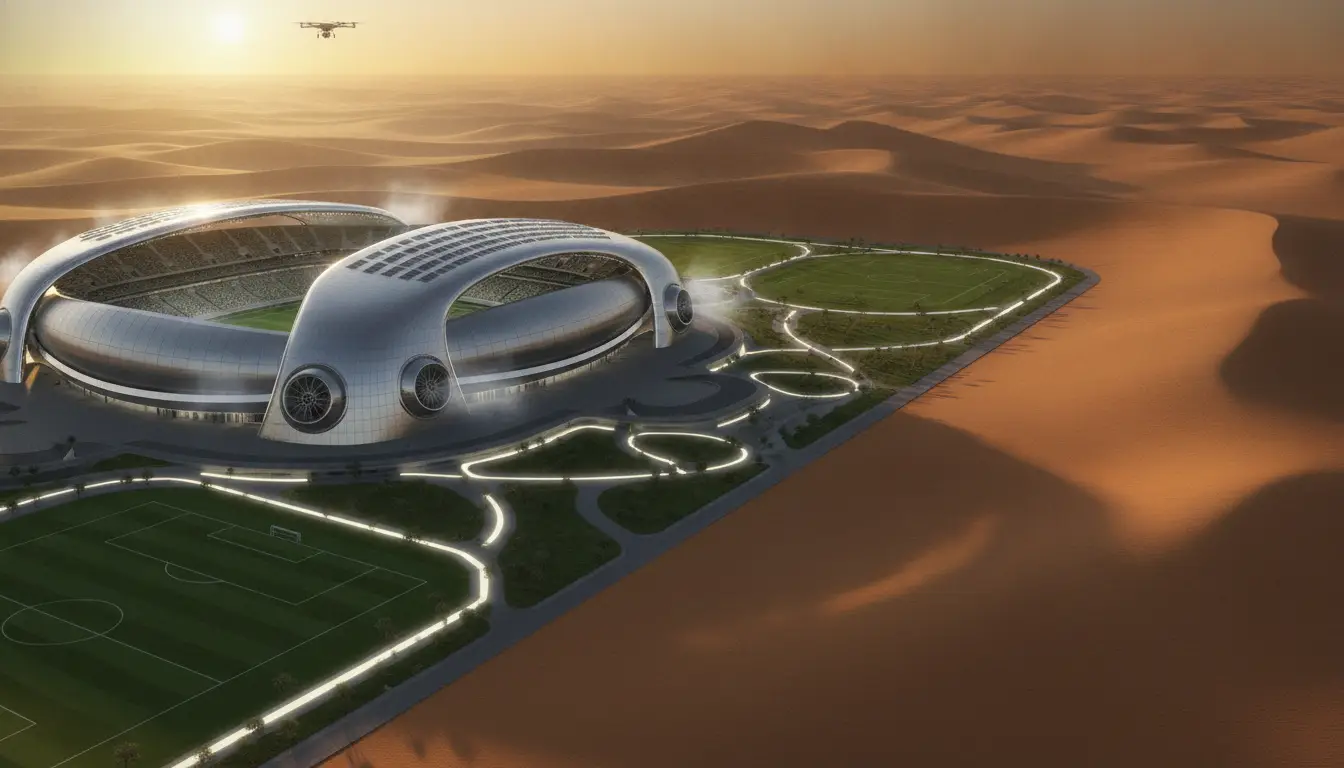 Futuristic stadium complex with adjacent sports fields in desert landscape at sunset