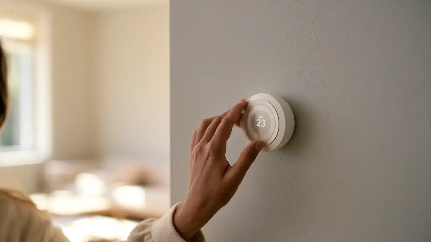 Hand adjusting smart thermostat on beige wall in a bright living room setting