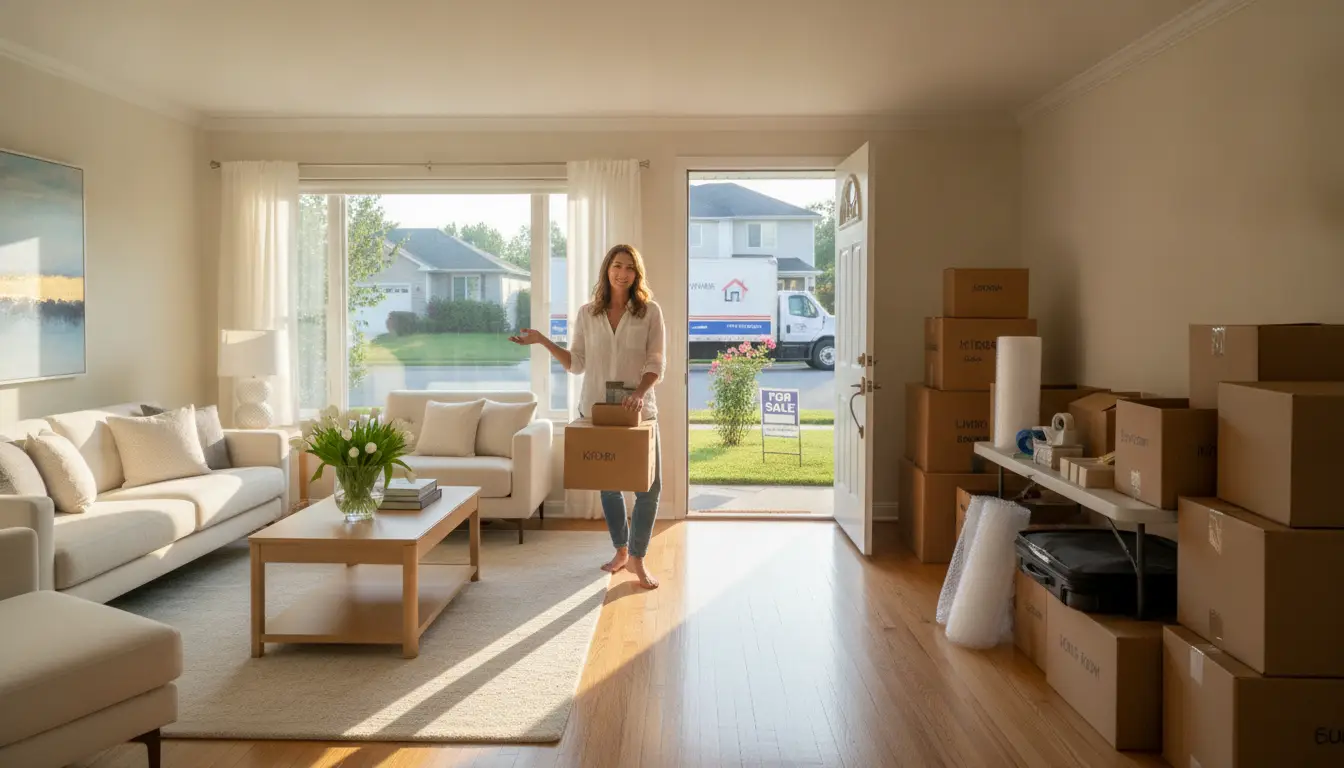 Woman holding box in sunlit living room with packing boxes and open front door