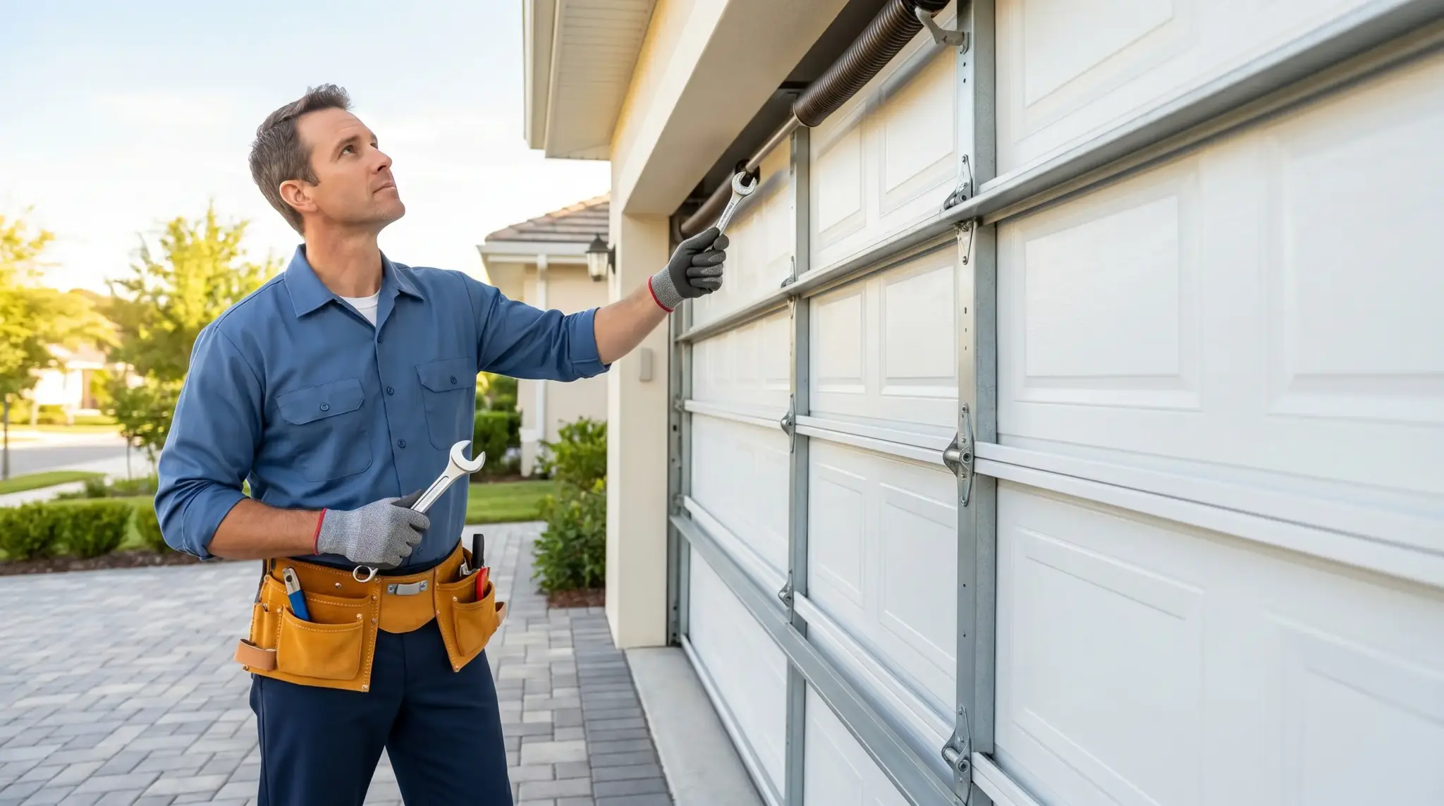 Man in blue work uniform fixing garage door with wrench in residential driveway