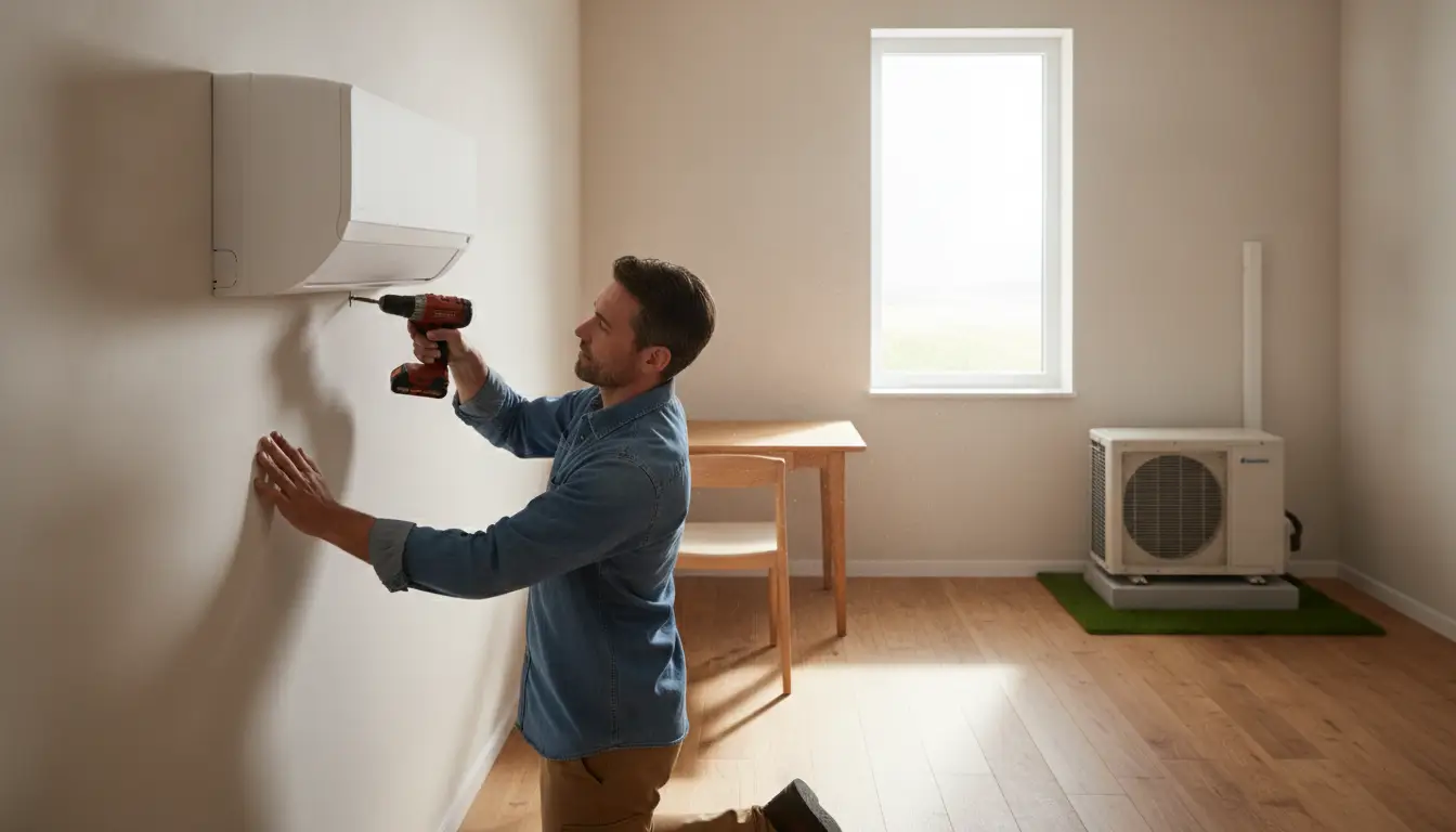 Man kneeling and installing wall-mounted air conditioner in minimalistic room