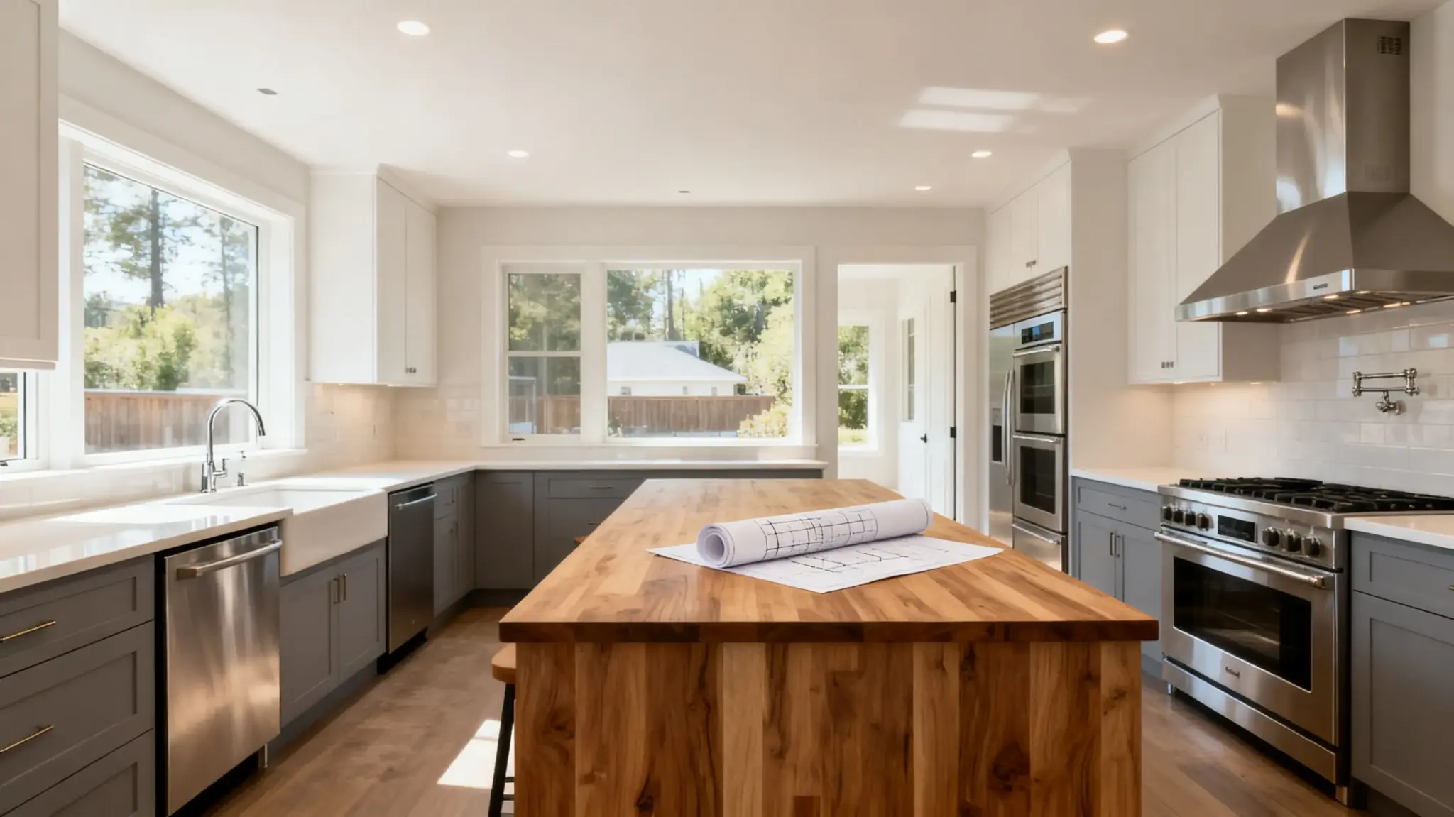 Spacious modern kitchen with wooden island, blue cabinets, stainless steel appliances, and large windows
