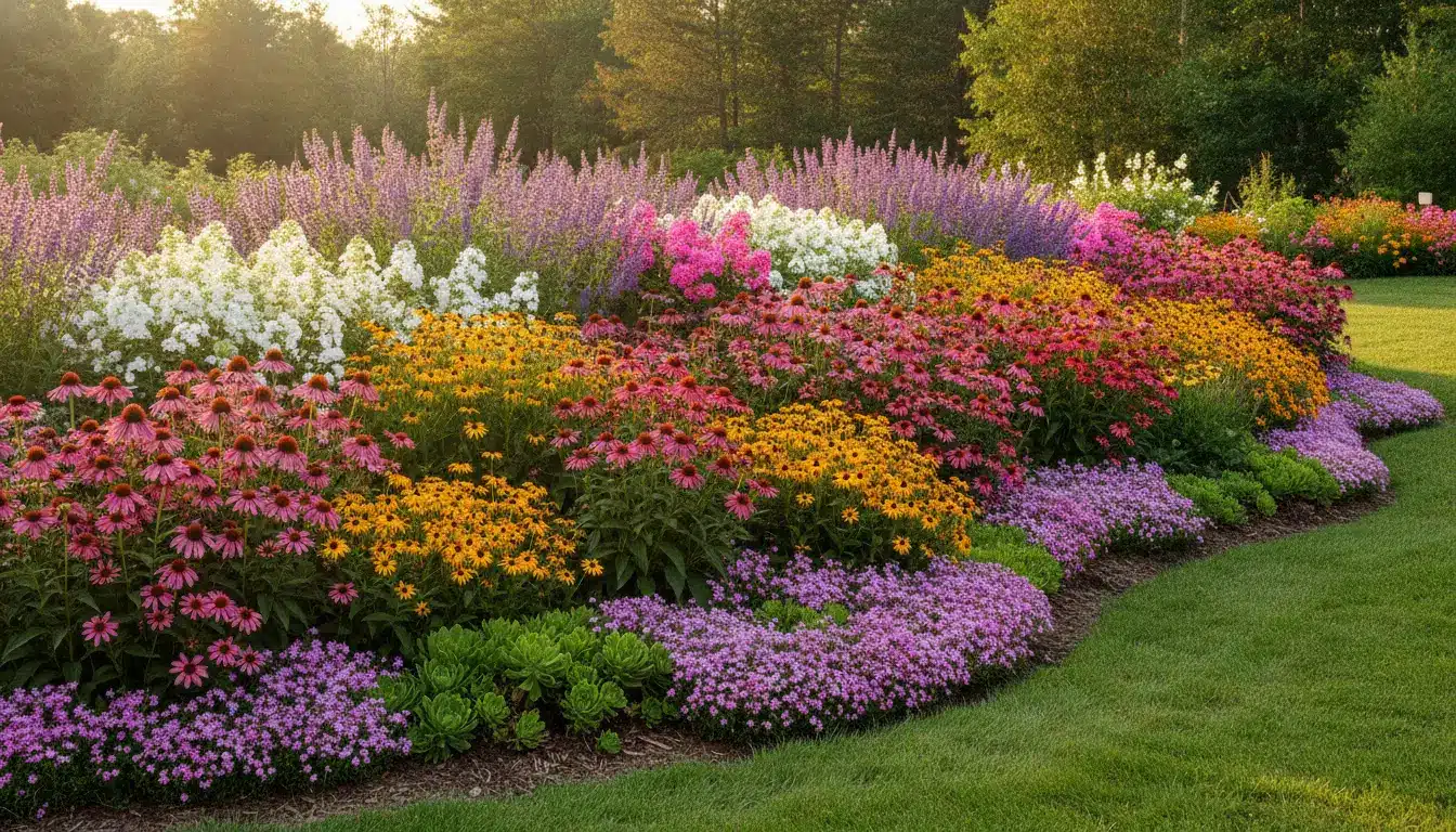 Colorful flower garden with pink, yellow, and white blooms in lush green landscape