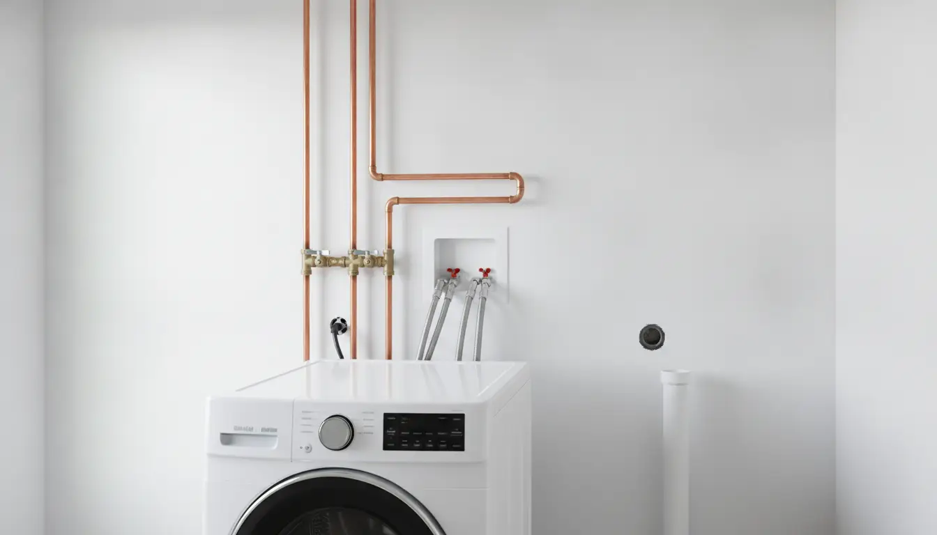 White modern washing machine next to exposed copper pipes in minimalist laundry room