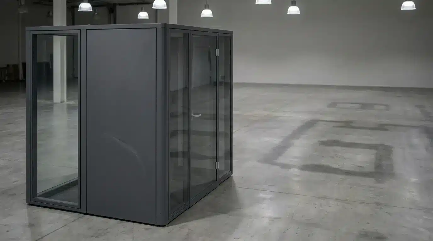 Gray acoustic booth in empty industrial warehouse with concrete floor and overhead lighting