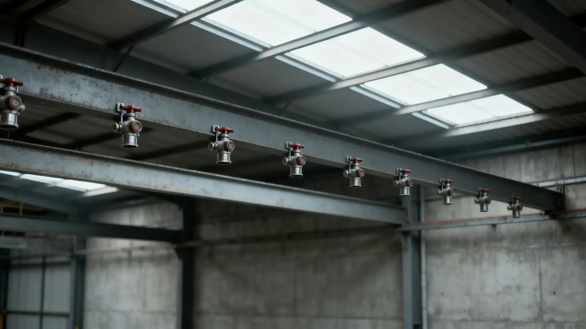 Overhead fire sprinkler system in an industrial warehouse with exposed metal beams and skylights