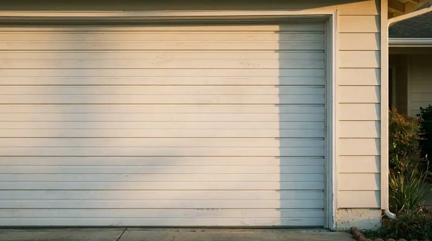 Closed white garage door with horizontal panels in a residential exterior under soft daylight