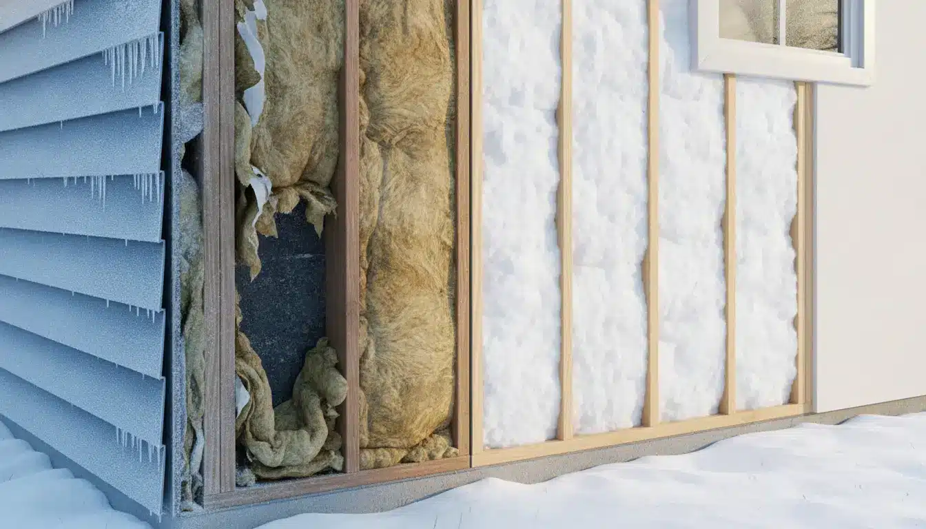 Cross-section of insulated exterior wall with icicles and snow on siding