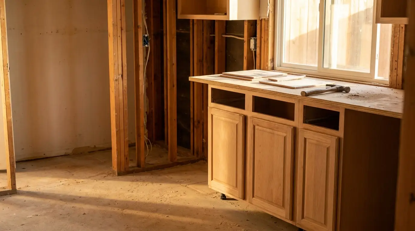 Unfinished kitchen renovation with wooden cabinets and hammer under natural light