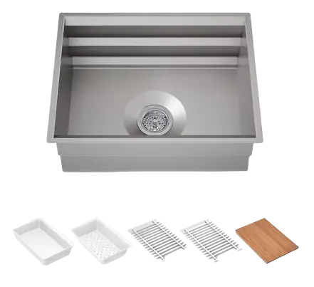 Stainless steel kitchen sink with built-in draining accessories and bamboo cutting board