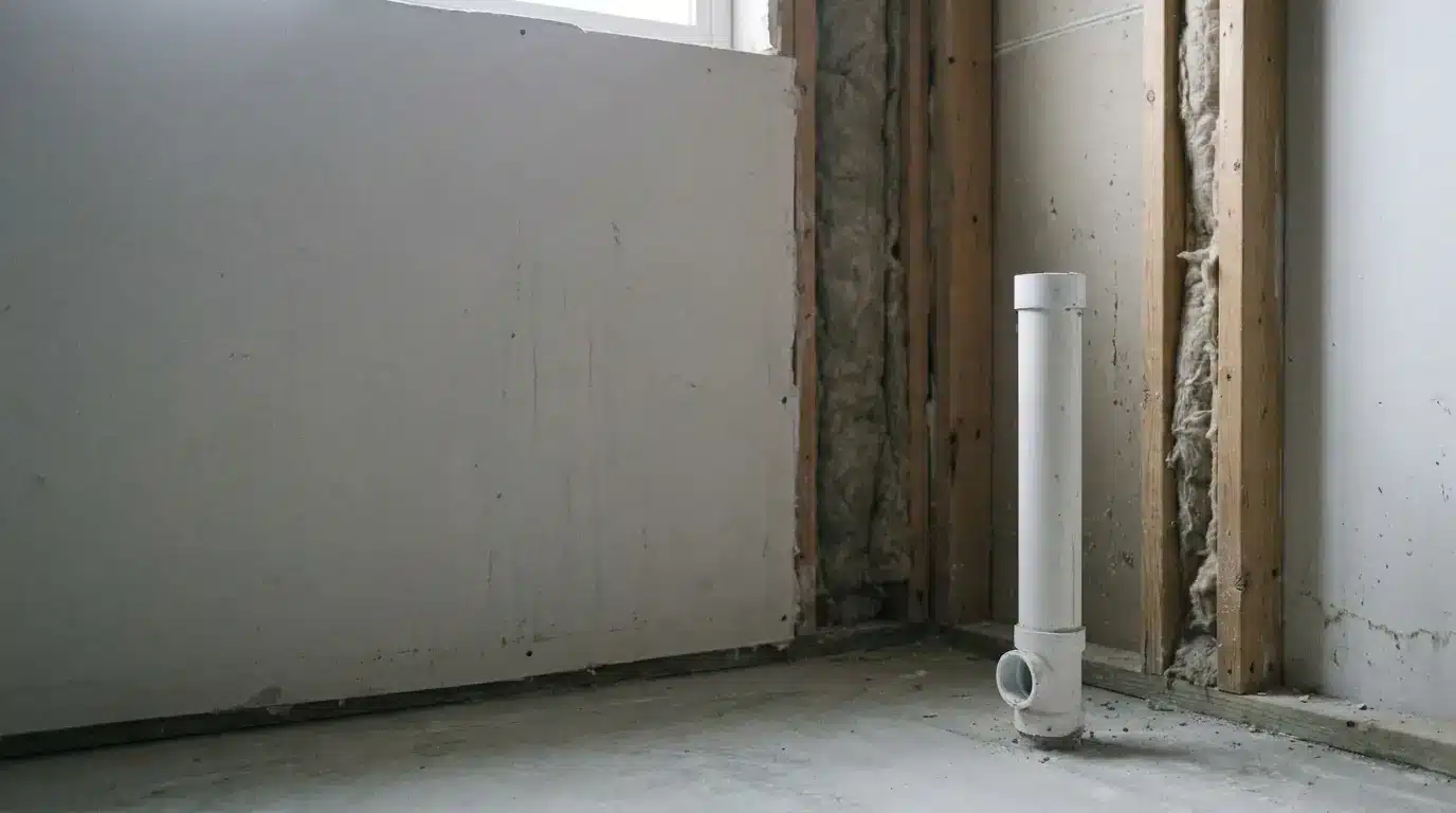 Unfinished room with exposed insulation and a vertical white pipe near wall stud