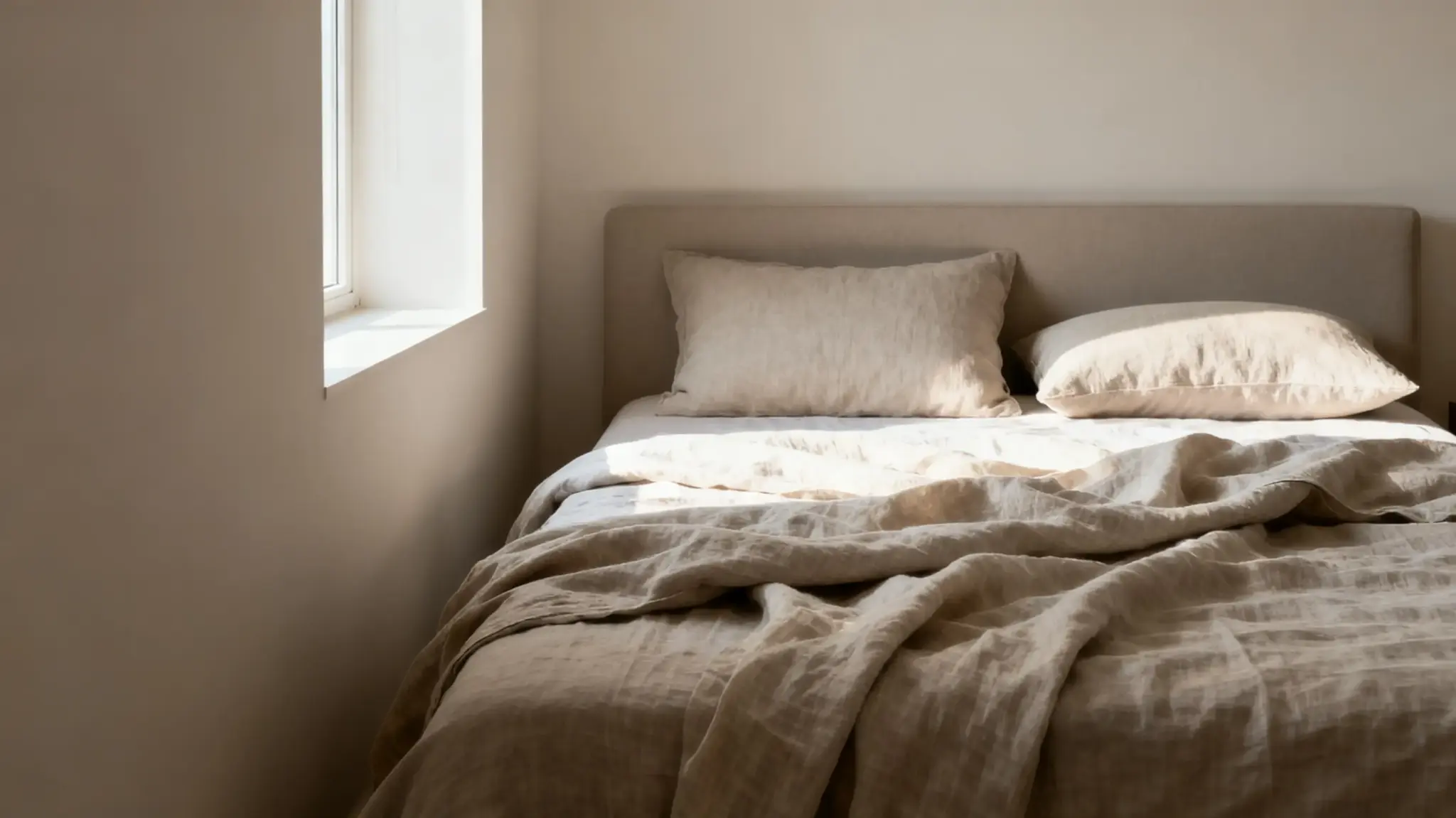 Beige linen bedding on bed in sunlit minimalist bedroom with window on left