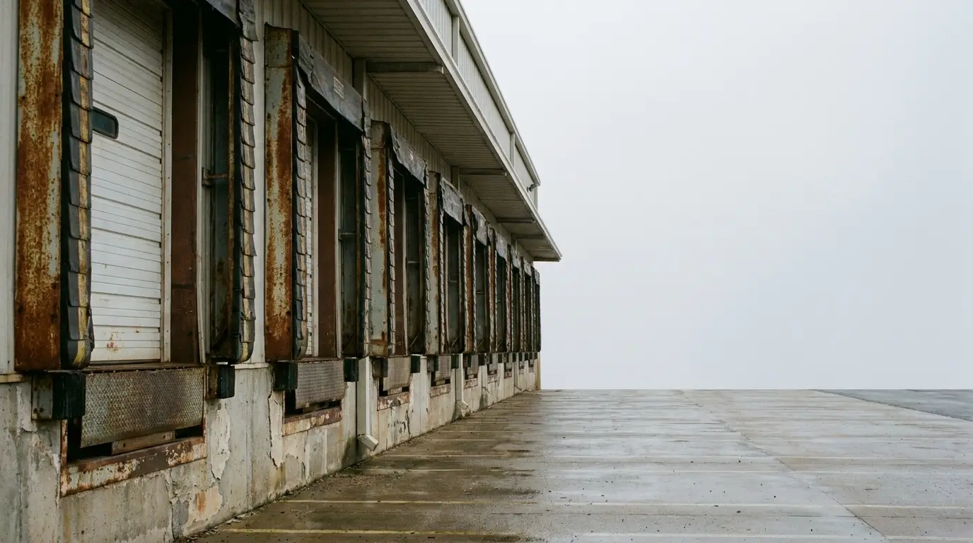 Rusted loading docks on industrial building under overcast sky
