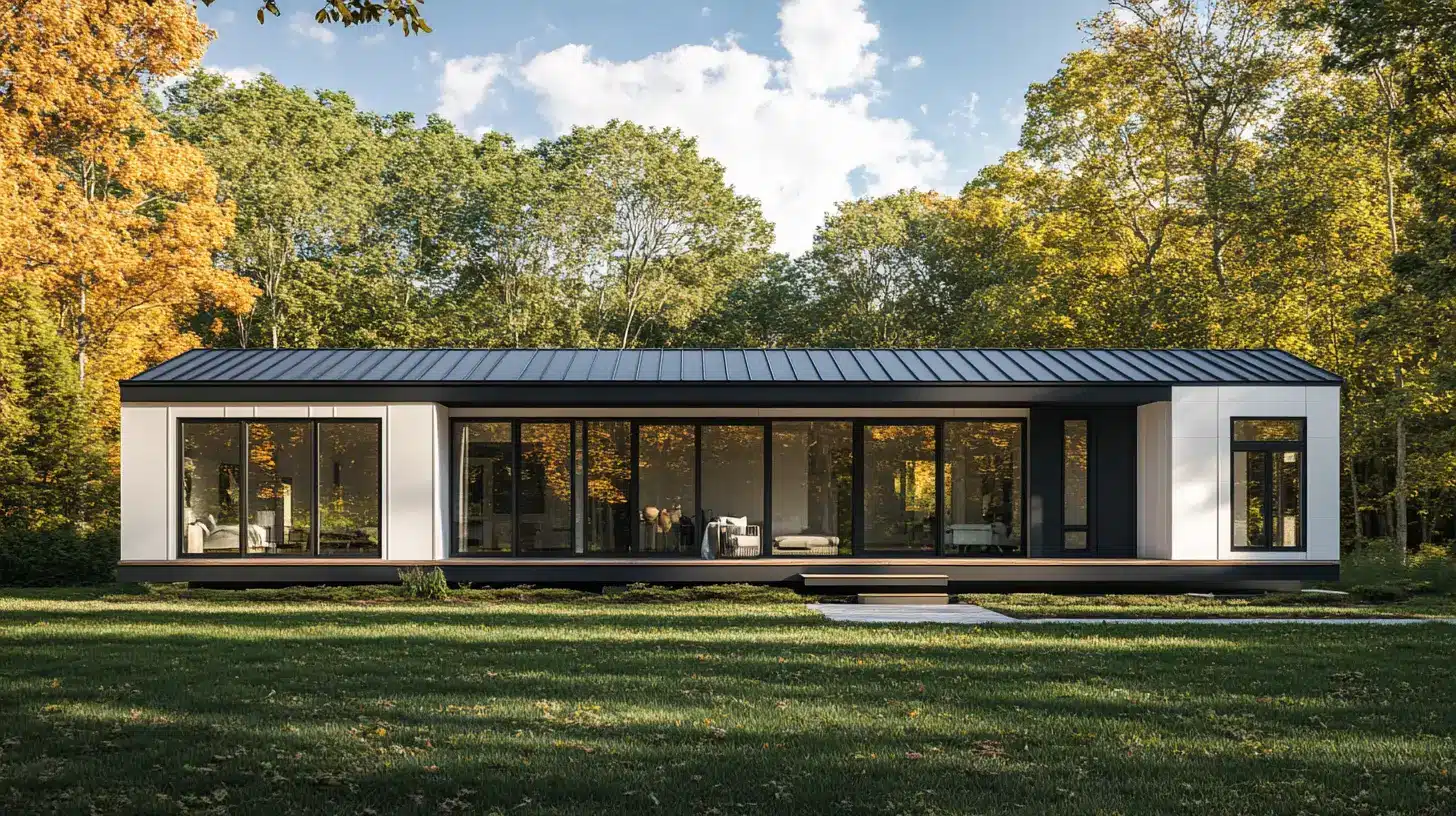Modern prefabricated house with large glass windows surrounded by autumn trees in a sunny landscape
