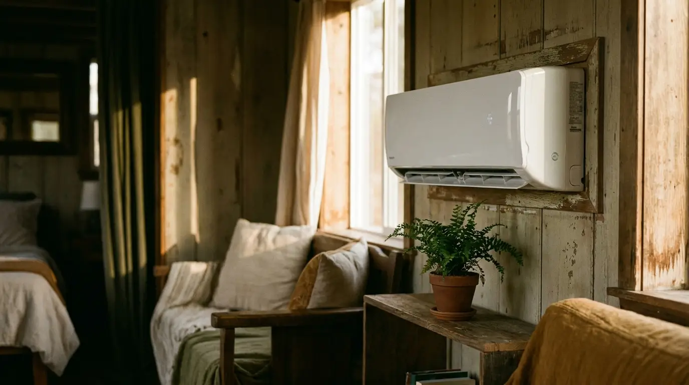 Wall-mounted air conditioner in rustic living room with wooden walls and sunlight streaming through window