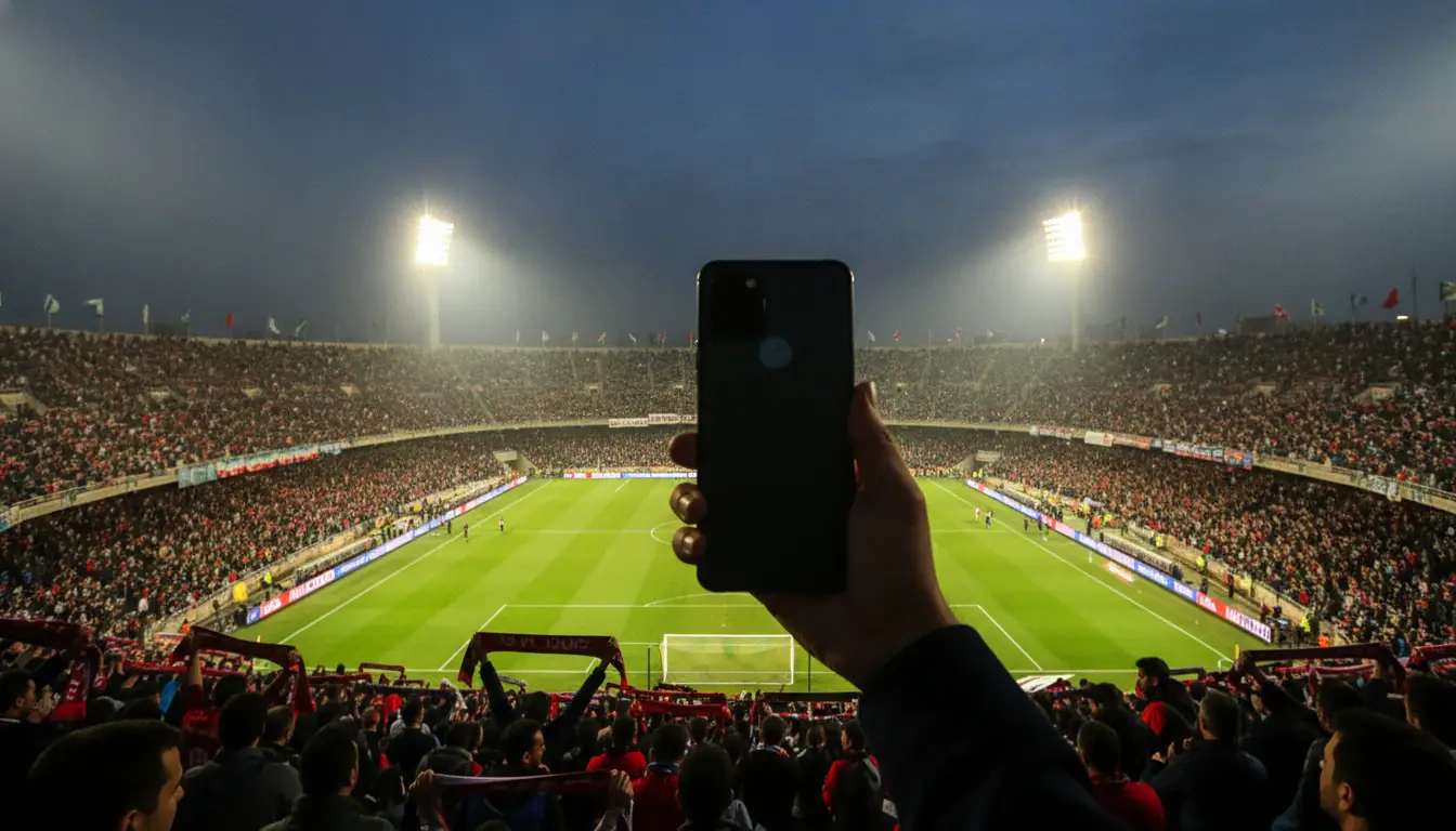 Hand holding smartphone capturing crowded soccer stadium at night with bright floodlights