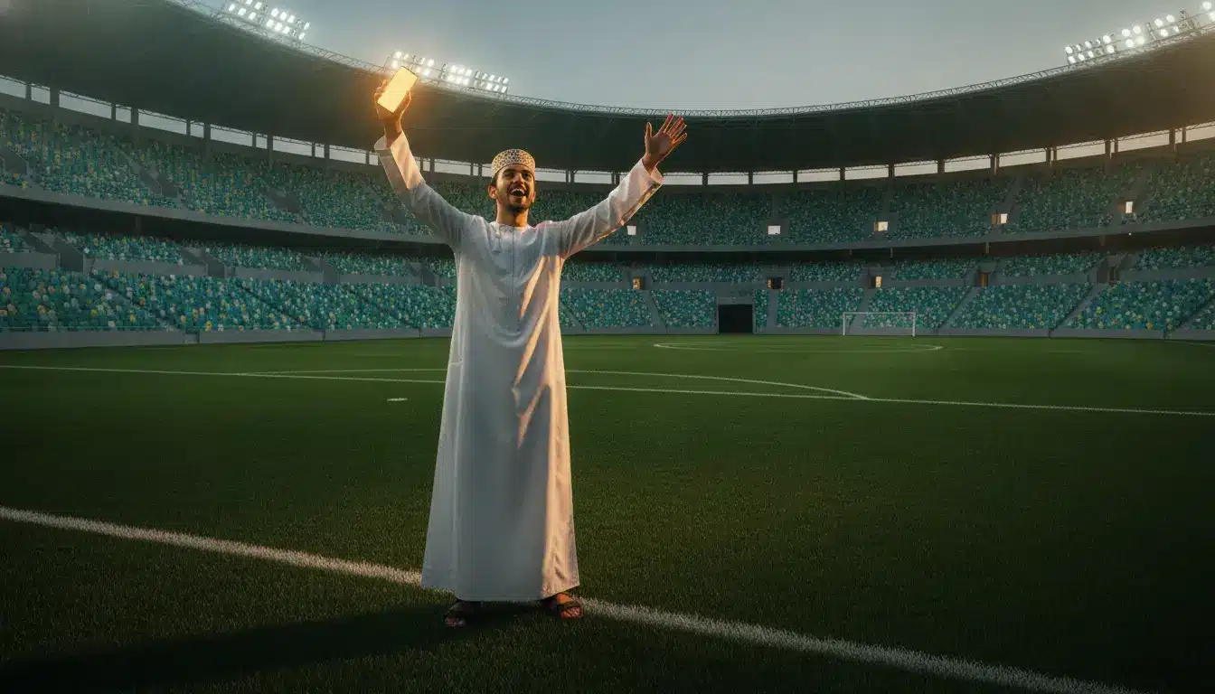 Person in traditional attire celebrating with phone in hand on football field stadium