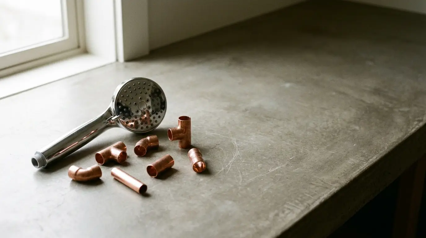 Showerhead and copper plumbing fittings on a concrete countertop near window