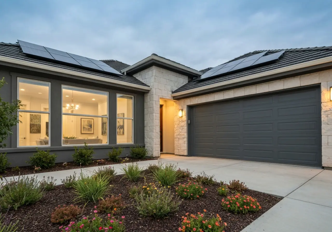 Modern house exterior with solar panels, large windows, and landscaped yard at dusk