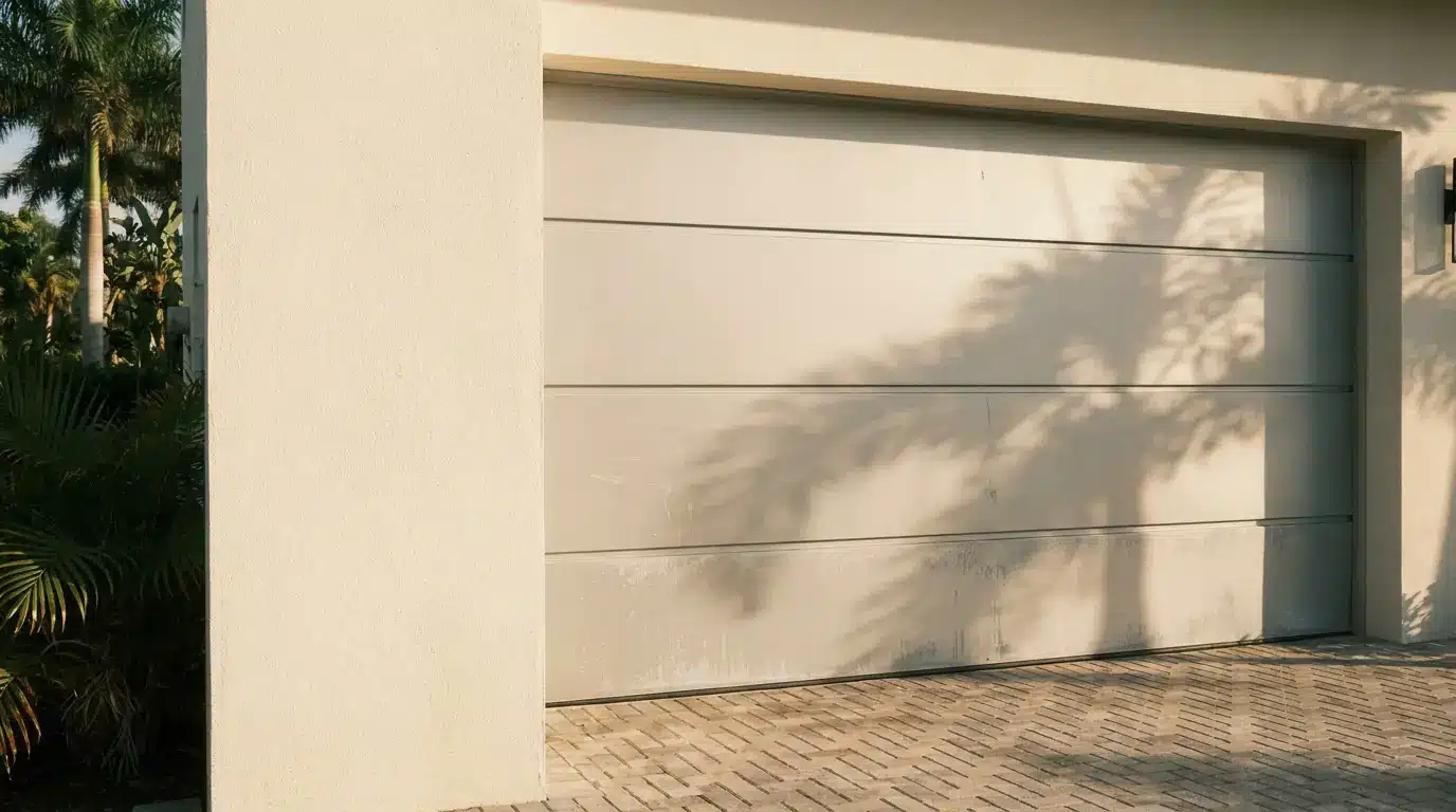 Beige garage door with palm tree shadows on paved driveway in sunlight