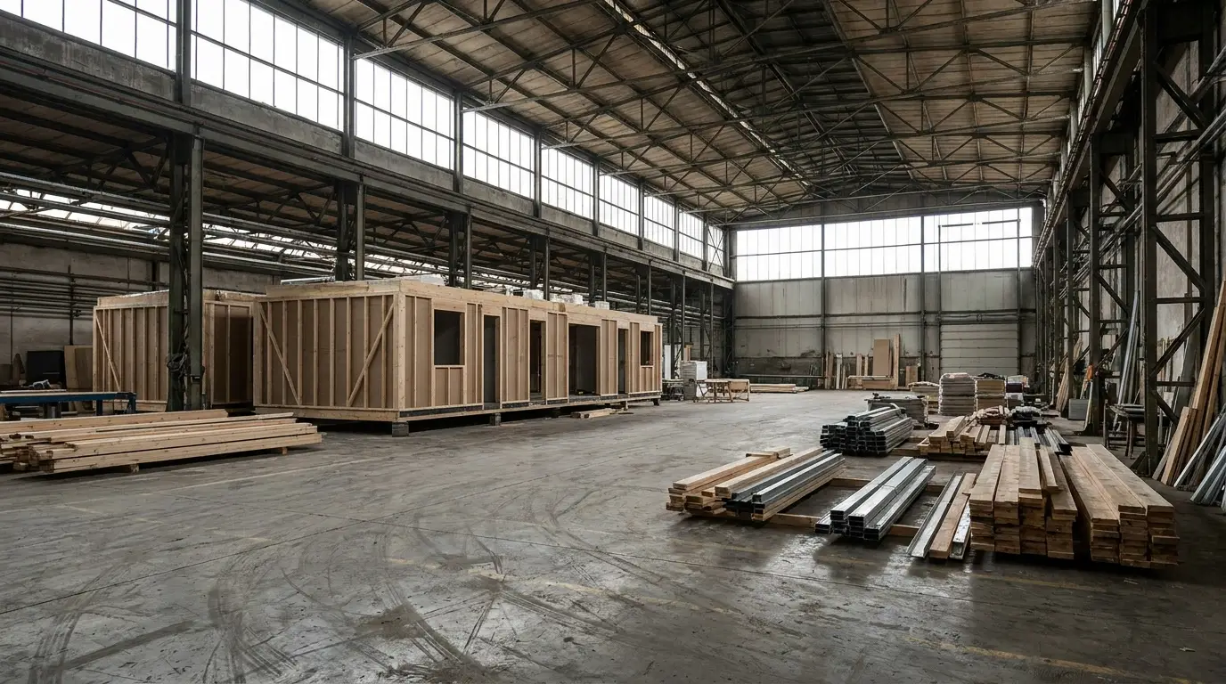 Partially constructed wooden modular homes in a spacious industrial warehouse with stacked lumber and steel beams