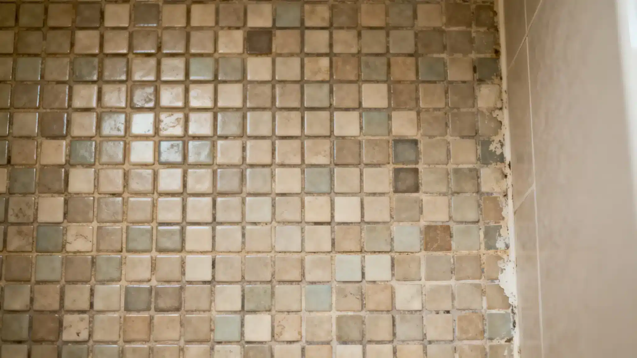 Mosaic tiles with a mix of brown and beige tones on a bathroom wall