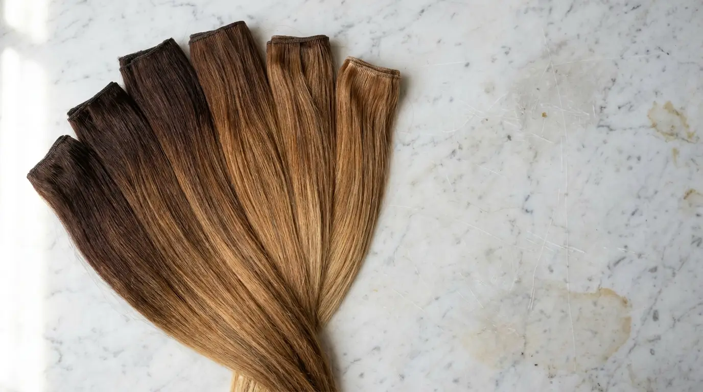 Hair extensions in varying shades of brown arranged on marble surface
