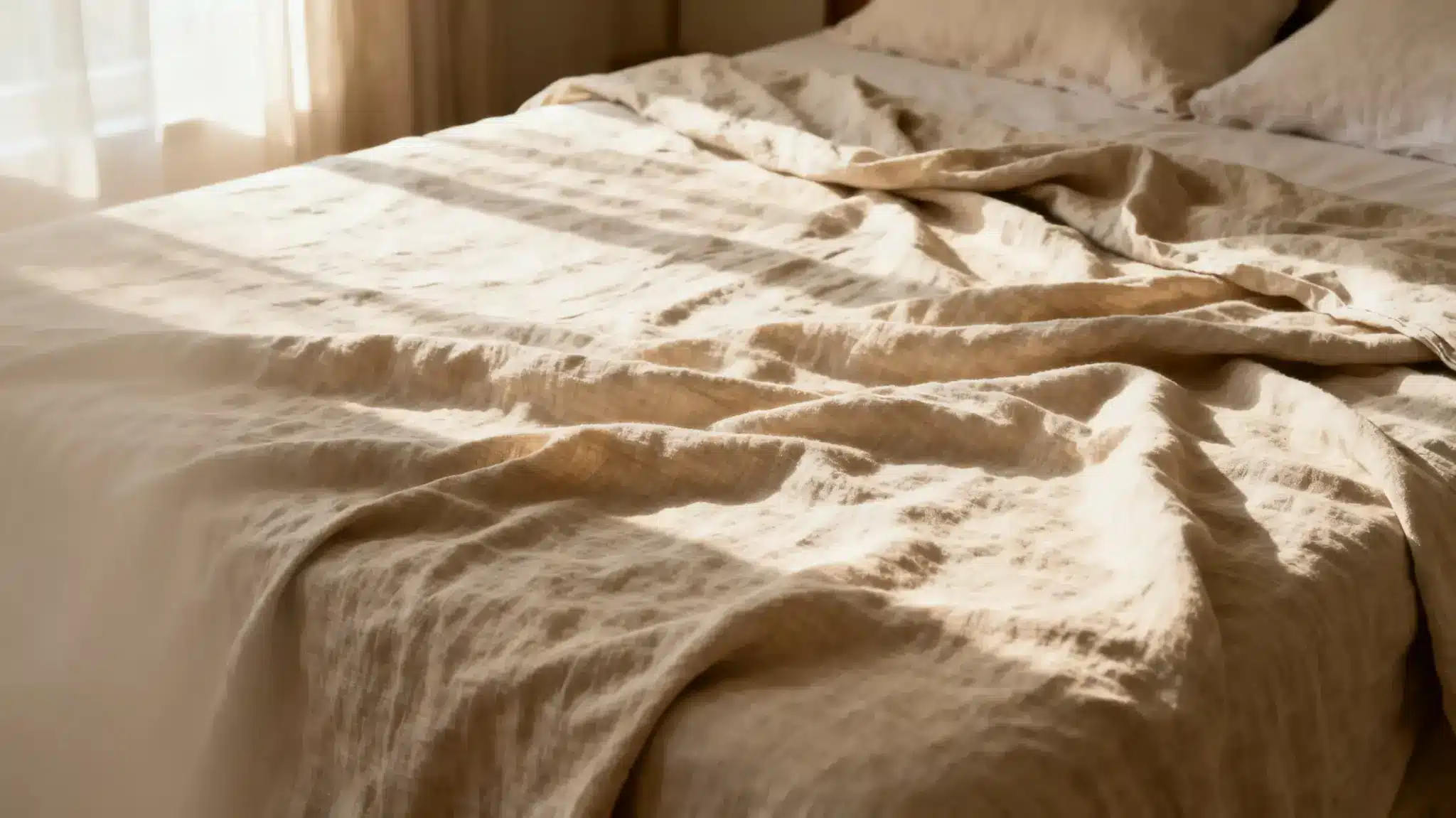Unmade bed with crumpled beige linen sheets in soft natural light