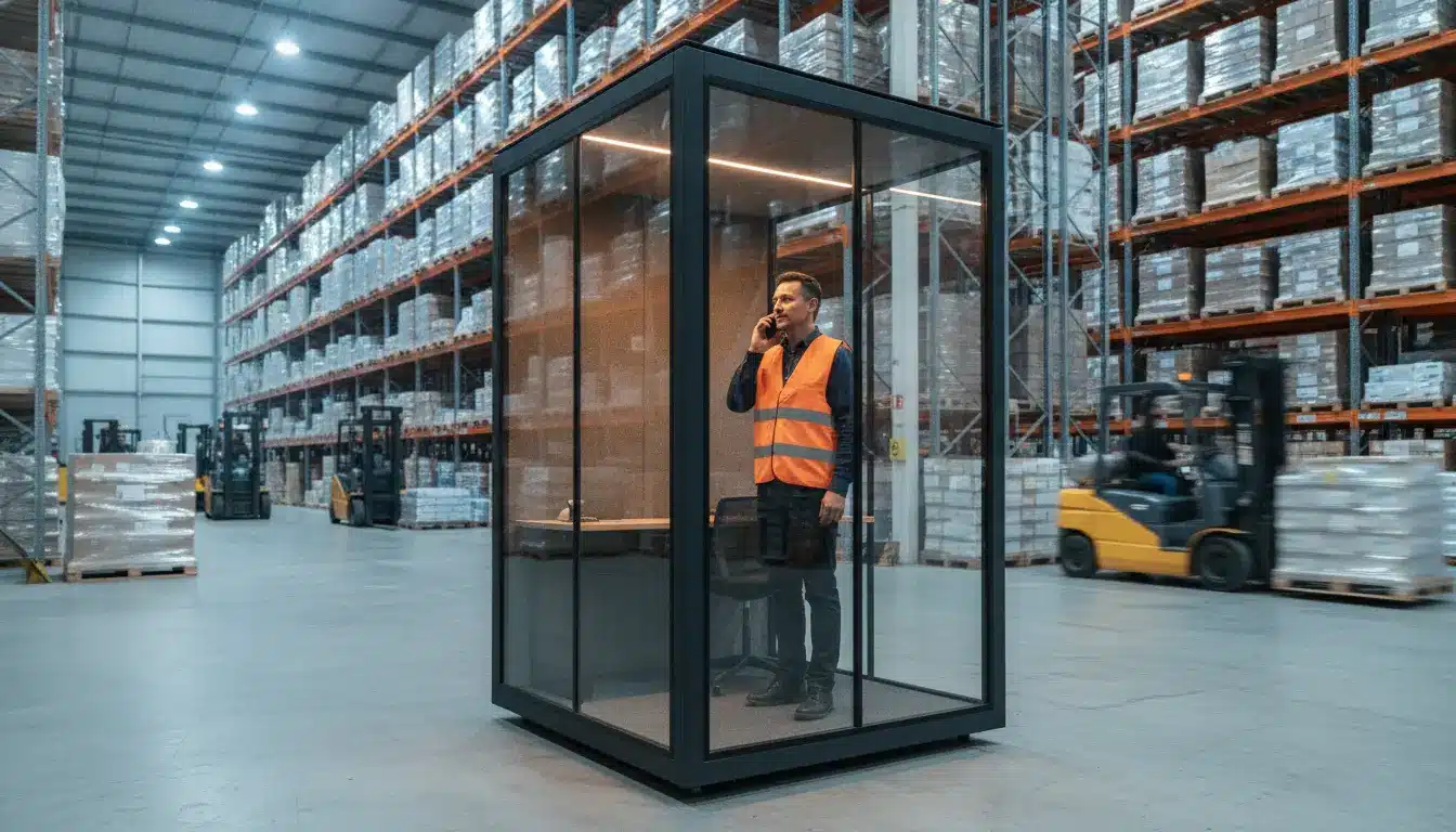 Worker in orange safety vest on phone inside glass office booth in spacious warehouse