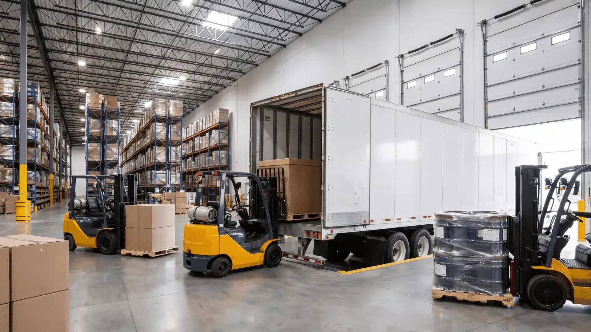 Palletized freight being loaded into an LTL shipping truck at a warehouse