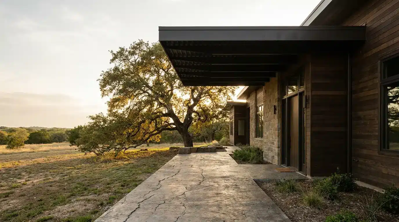 Modern house exterior with wooden siding and large patio under a tree at sunset