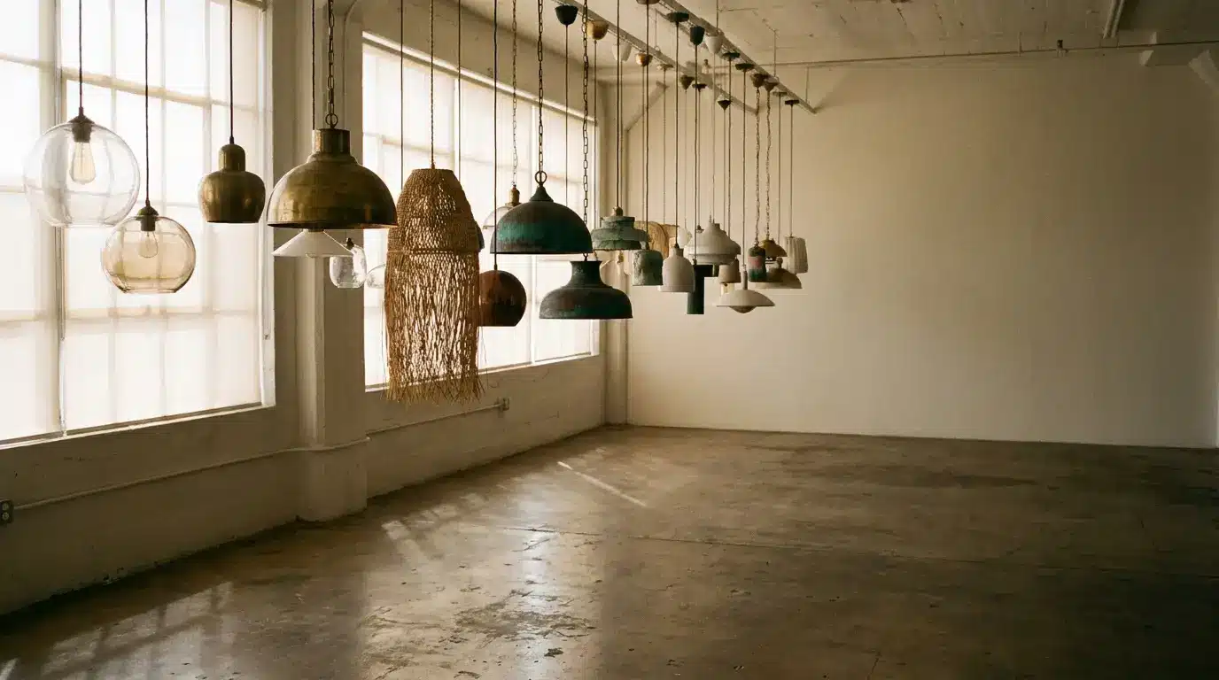 Cluster of hanging pendant lights in an empty industrial-style room with concrete floor