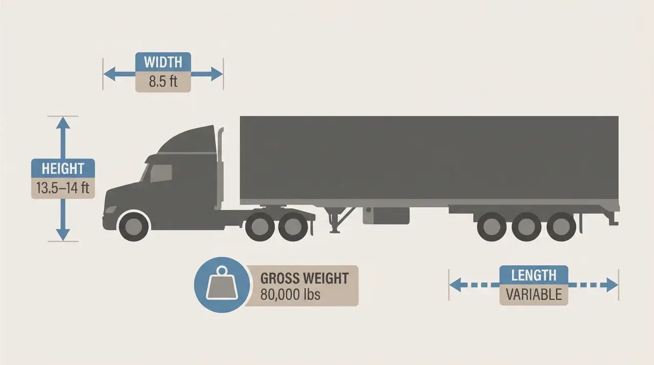 Flat diagram of trailer silhouette with labeled legal thresholds for width, height, weight, and length